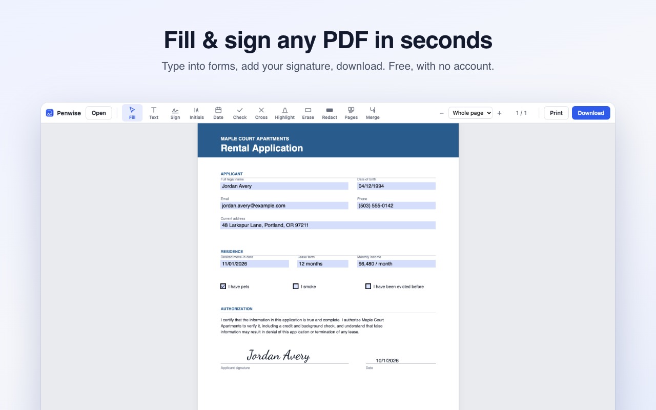 Penwise filling and signing a rental application