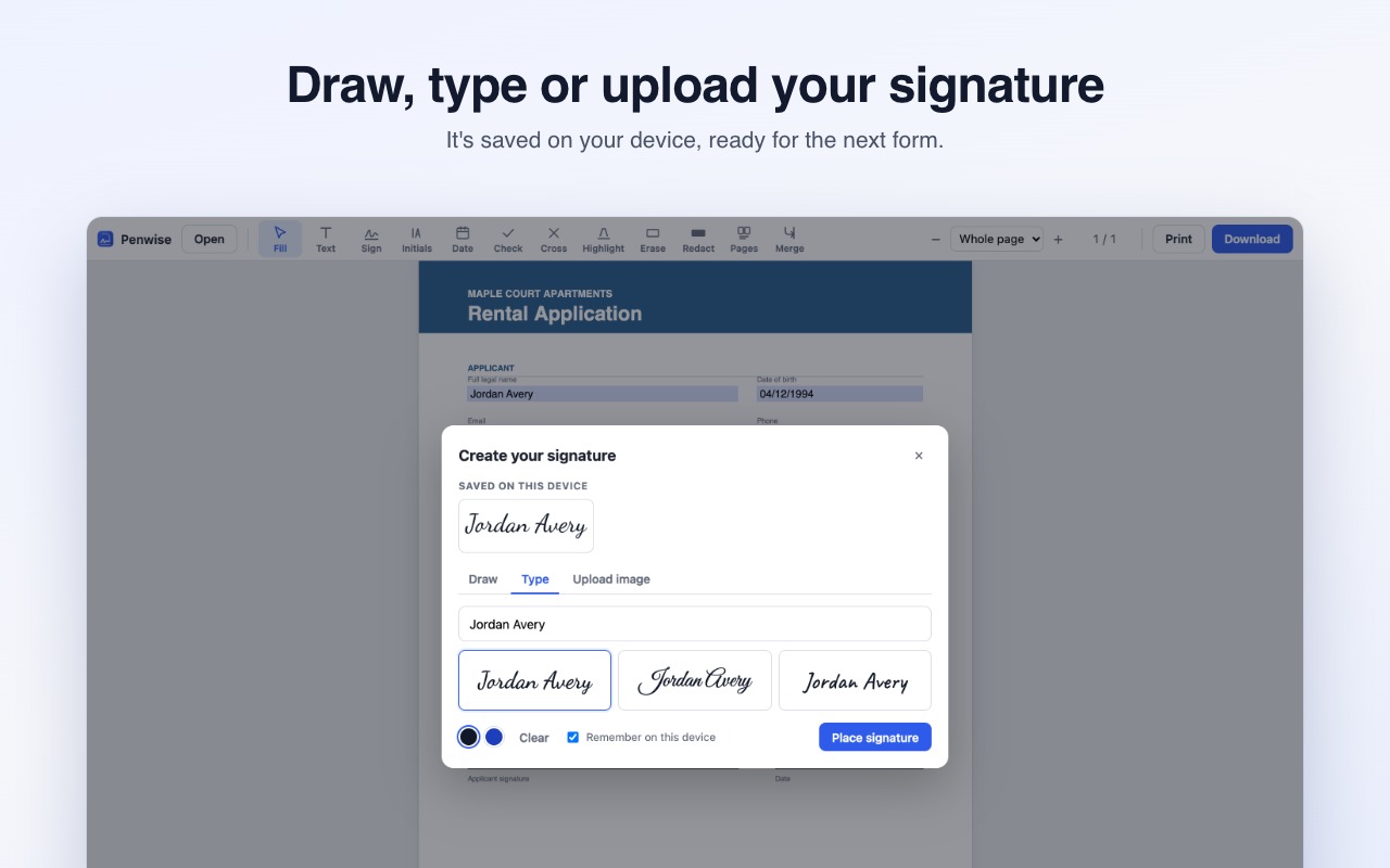 Signature dialog with drawn, typed and uploaded options