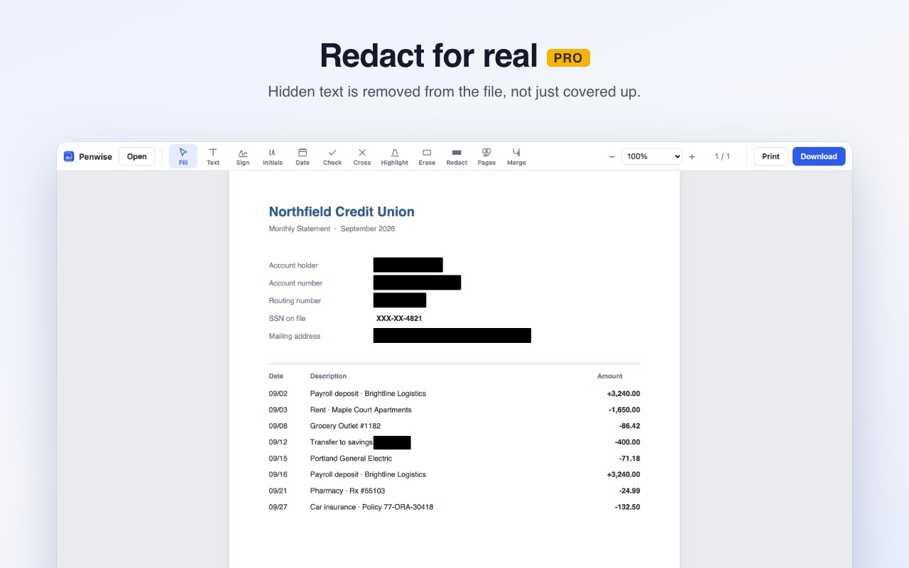 A bank statement with account details redacted